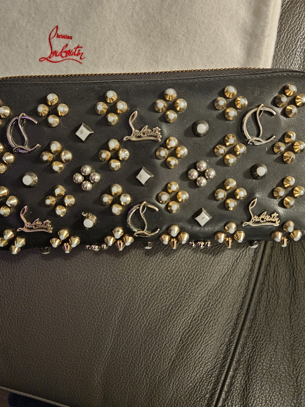 Christian Louboutin Black Leather Studded Zip-Around Wallet - Picture 2 of 11